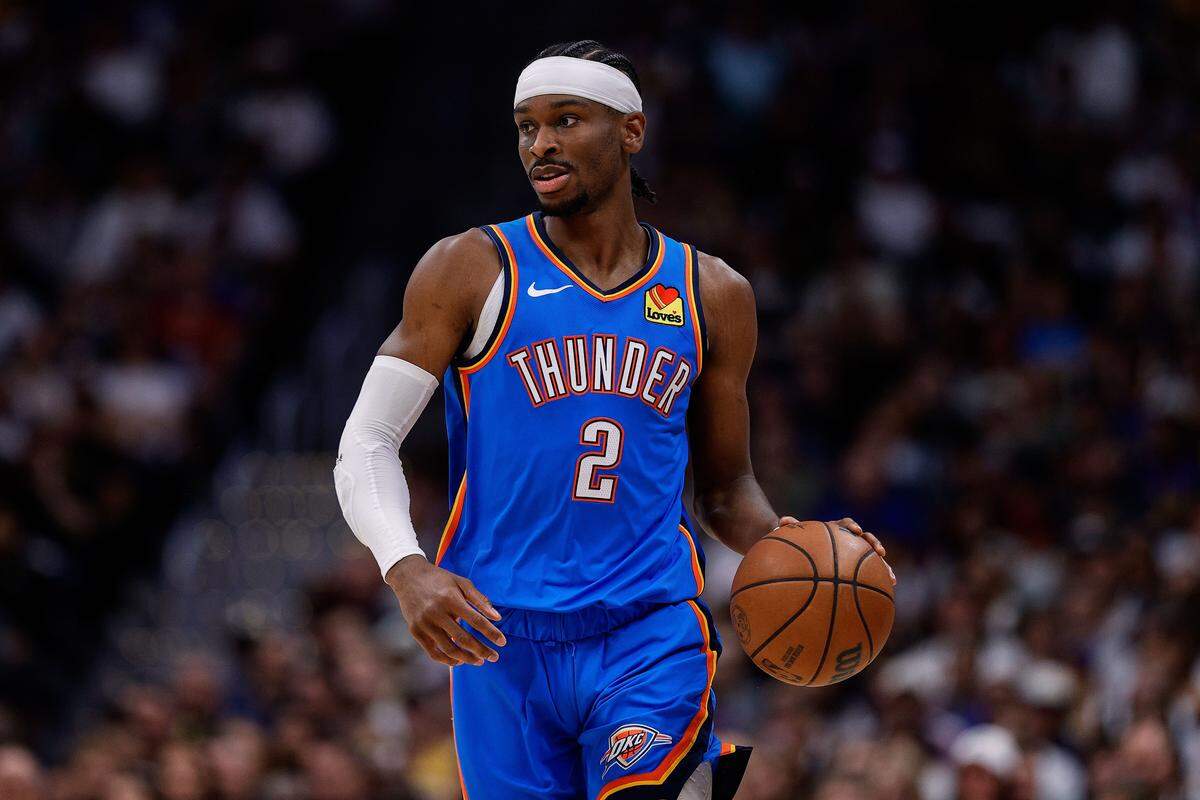 May 15, 2025; Denver, Colorado, USA; Oklahoma City Thunder guard Shai Gilgeous-Alexander (2) dribbles the ball up court in the second quarter against the Denver Nuggets during game six of the second round for the 2025 NBA Playoffs at Ball Arena. Mandatory Credit: Isaiah J. Downing-Imagn Images