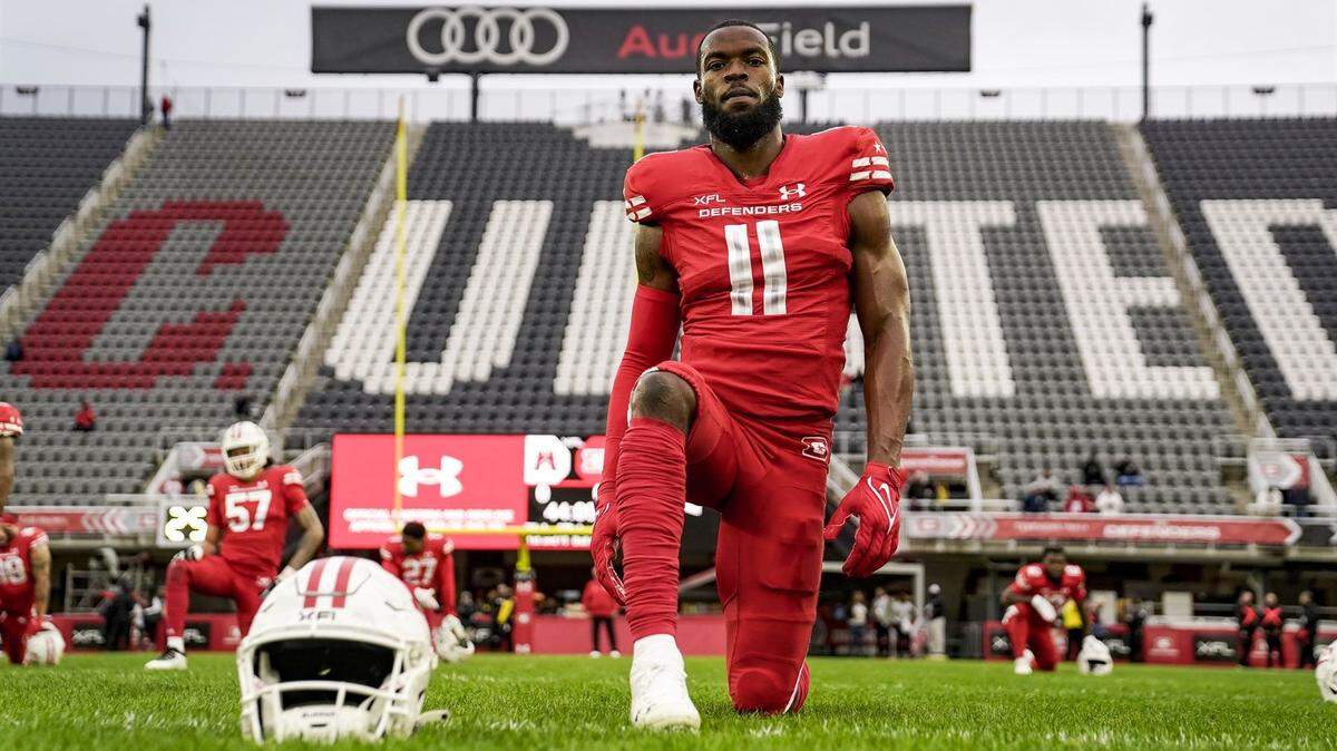 The D.C. Defenders’ Lucky Jackson ranks fifth in the XFL this season in receiving yards with 573 yards on 36 catches and five touchdowns.