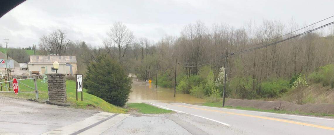Floodwaters on Flour Creek Road in Butler, Kentucky, on April 5, 2024. Officials in Pendleton County issued an emergency evacuation order for Butler and Falmouth as the Licking River continued to rise.