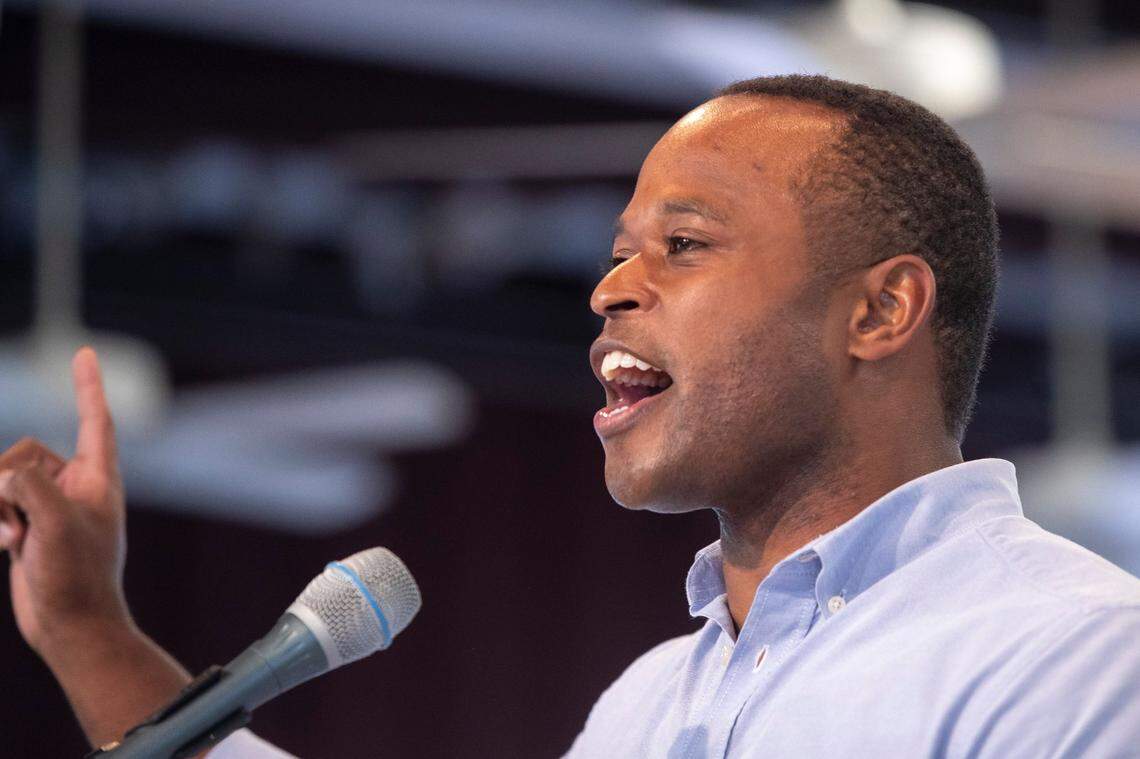 Kentucky Attorney General and Republican nominee for governor Daniel Cameron speaks at the annual St. Jerome Fancy Farm Picnic in Fancy Farm, Ky., on Saturday, Aug. 5, 2023.