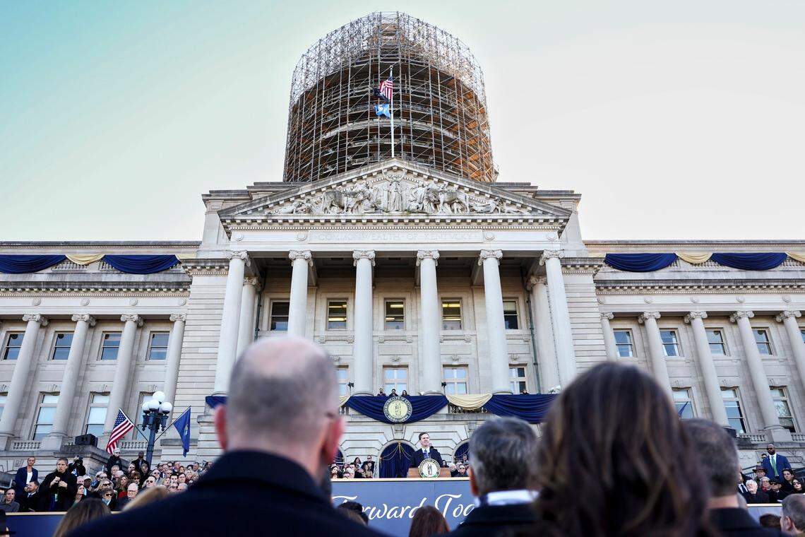 Gov. Andy Beshear speaks during his second inauguration ceremony at the Capitol in Frankfort, Ky., December 12, 2023.
