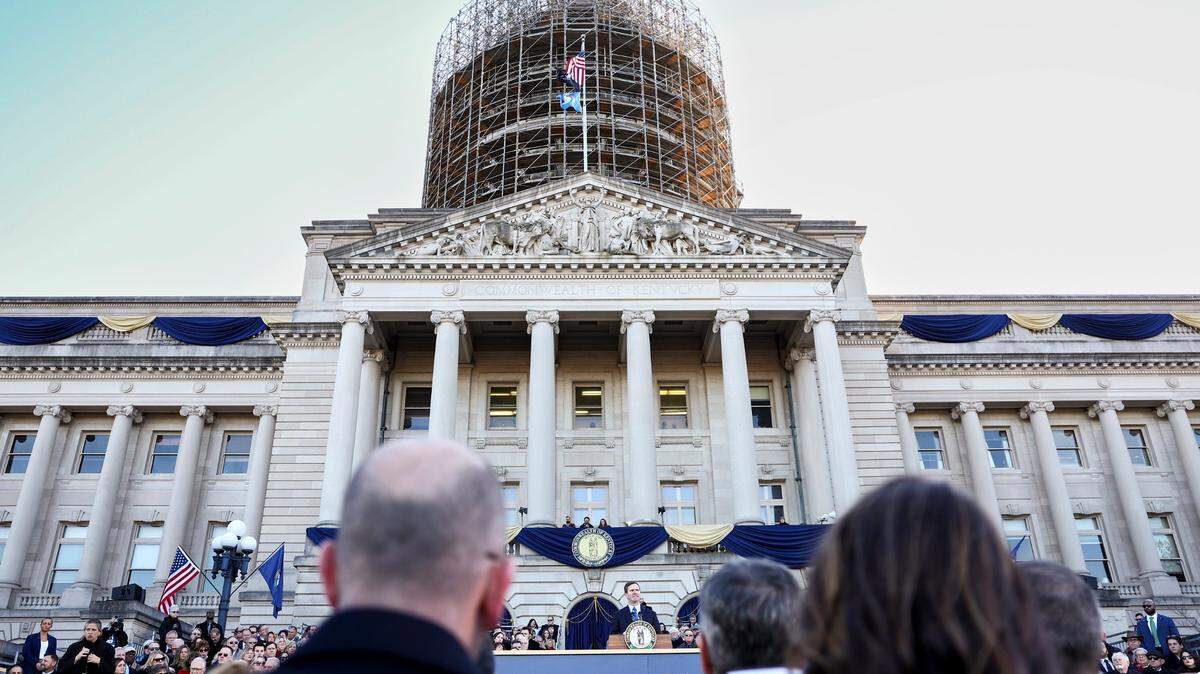 Gov. Andy Beshear speaks during his second inauguration ceremony at the Capitol in Frankfort, Ky., December 12, 2023.