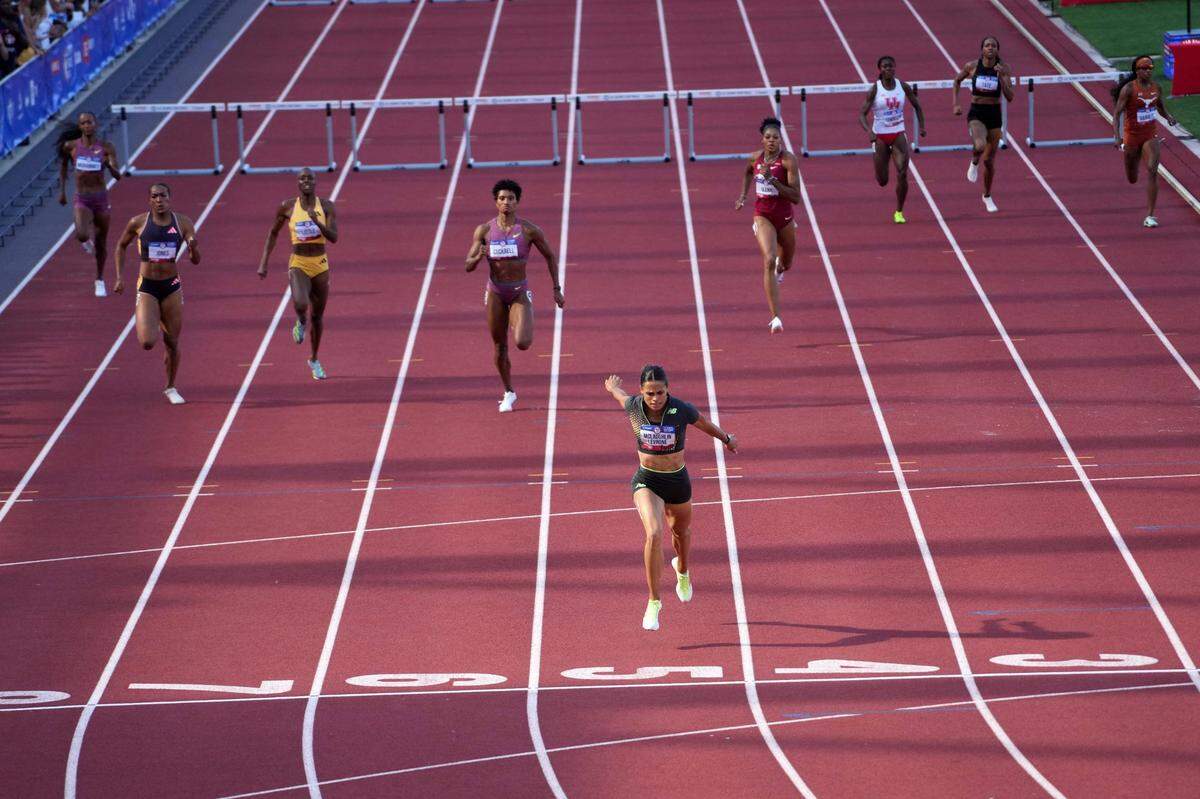 Jun 30, 2024; Eugene, OR, USA; Sydney McLaughlin-Levrone wins the women's 400m hurdles in a world record 50.65 during the US Olympic Team Trials at Hayward Field. Mandatory Credit: Kirby Lee-USA TODAY Sports