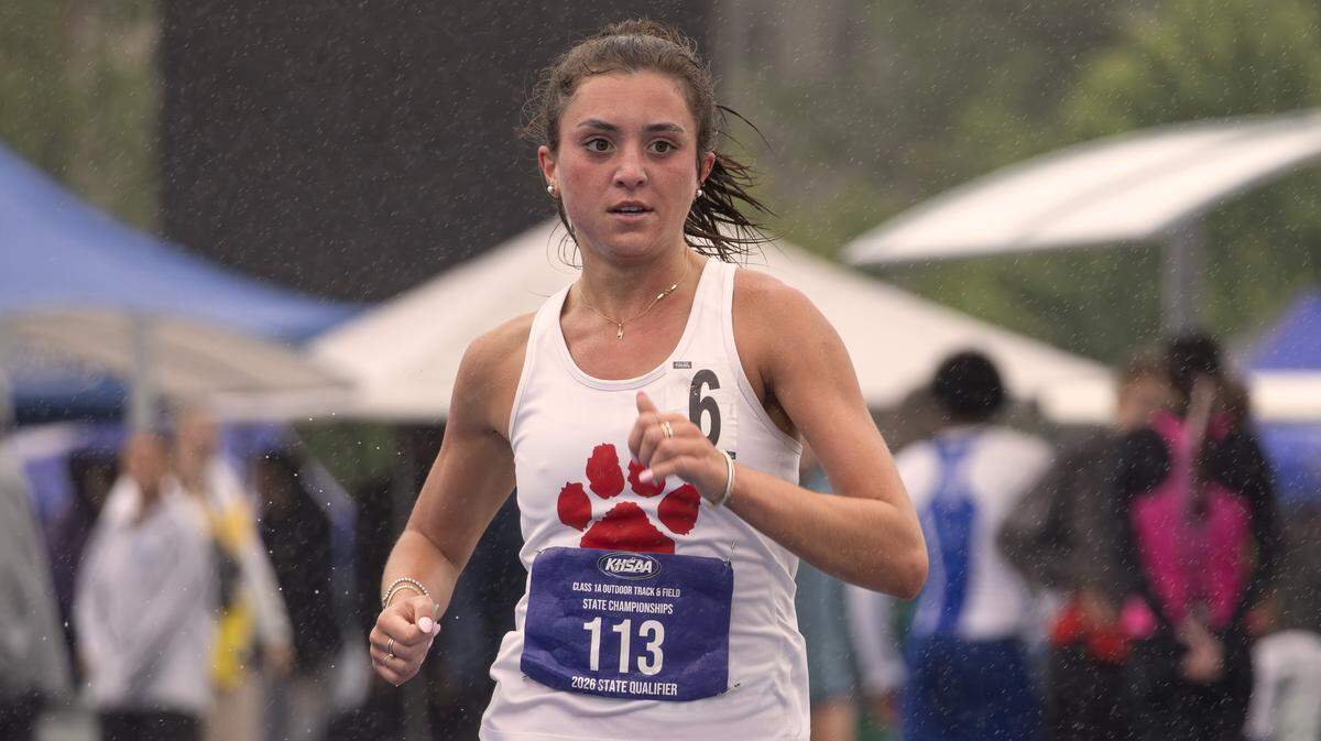 Beechwood's Lily Parke (#113) wins the girls 1600 meter run during the KHSAA Class A State Track and Field Championships at the University of Kentucky Outdoor Track and Field Complex in Lexington on May 21, 2026.
