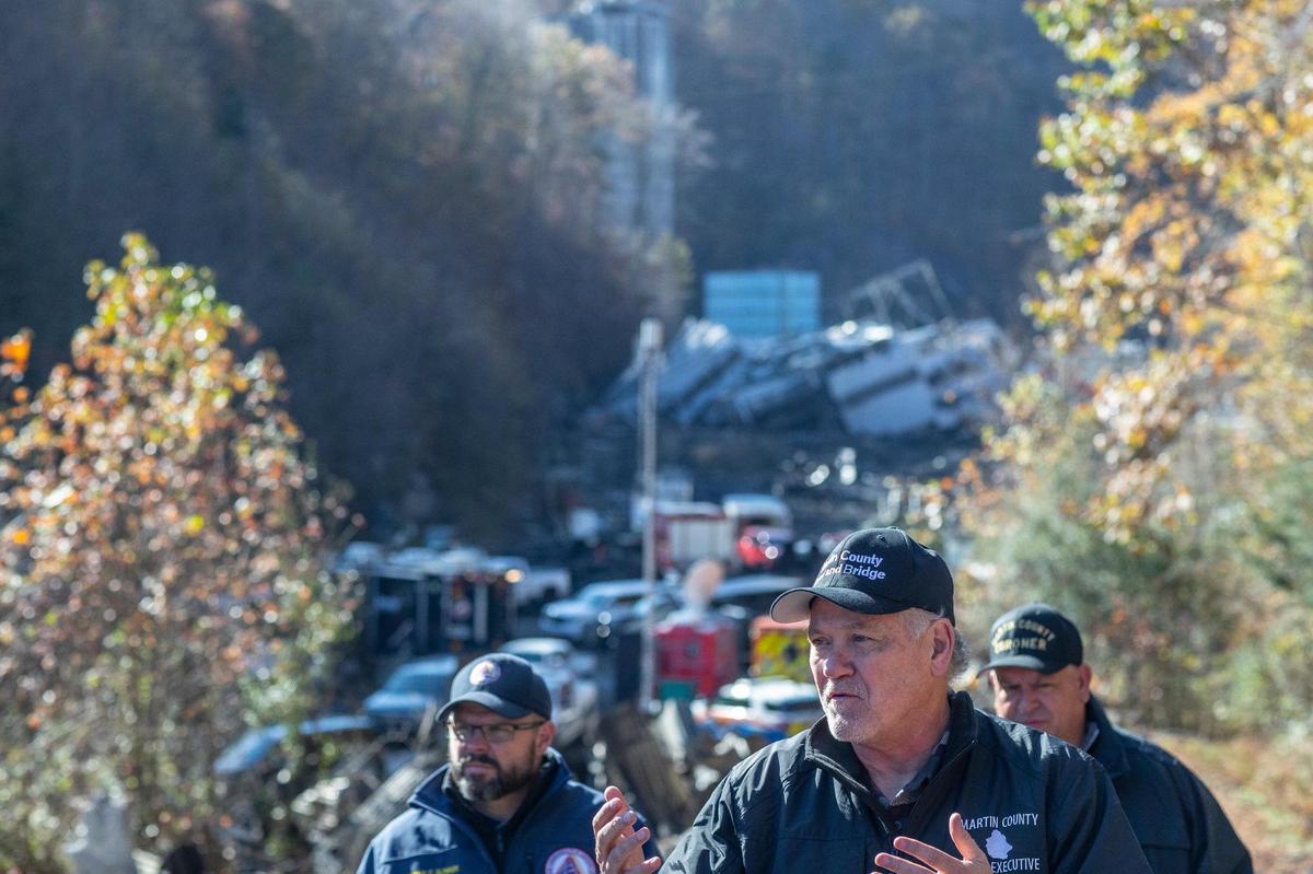 Martin County Judge-Executive Lon Lafferty speaks to members of the media as rescue crews continue to work the scene of a mine plant collapse in Martin County, Ky., on Friday, Nov. 3, 2023.