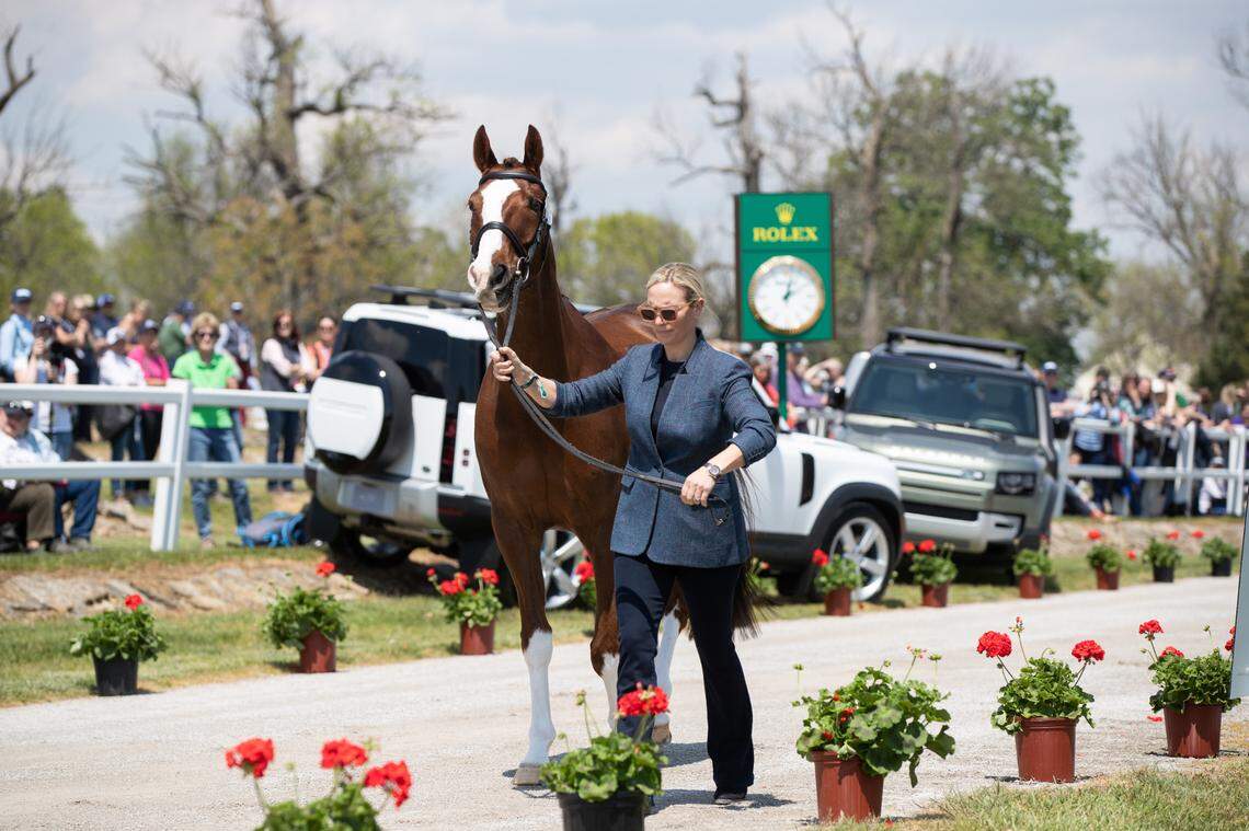 Zara Tindall (nee Phillips), a member of the British royal family, presented ​her horse Class Affair Wednesday, April 26, 2023 for inspection before Land Rover Kentucky Three-Day Event at the Kentucky Horse Park in Lexington, Ky. Tindall, the niece of King Charles and the oldest granddaughter of the late Queen Elizabeth II, is one of the top eventing riders in the world.