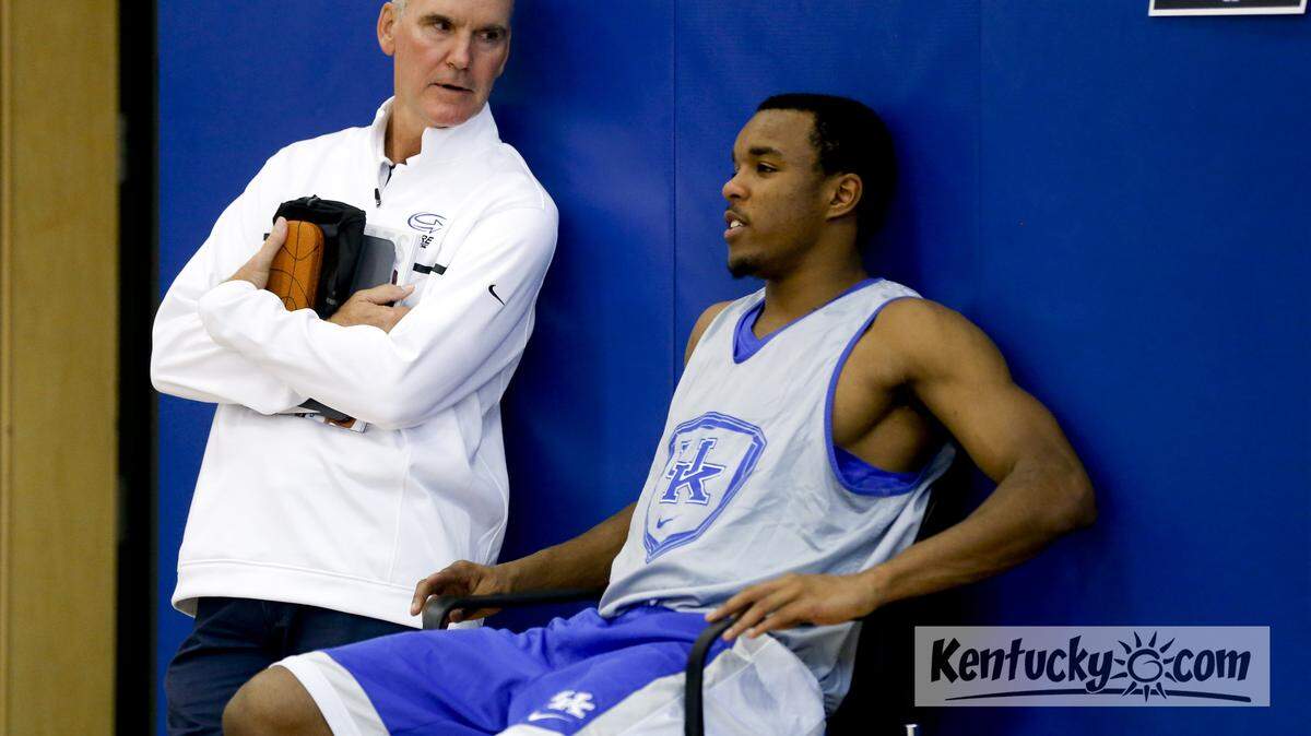 UK great Kyle Macy chatted with freshman E.J. Floreal, at University of Kentucky basketball media day on Tuesday October 15, 2013 in Lexington, Ky. Photos by Mark Cornelison | Staff