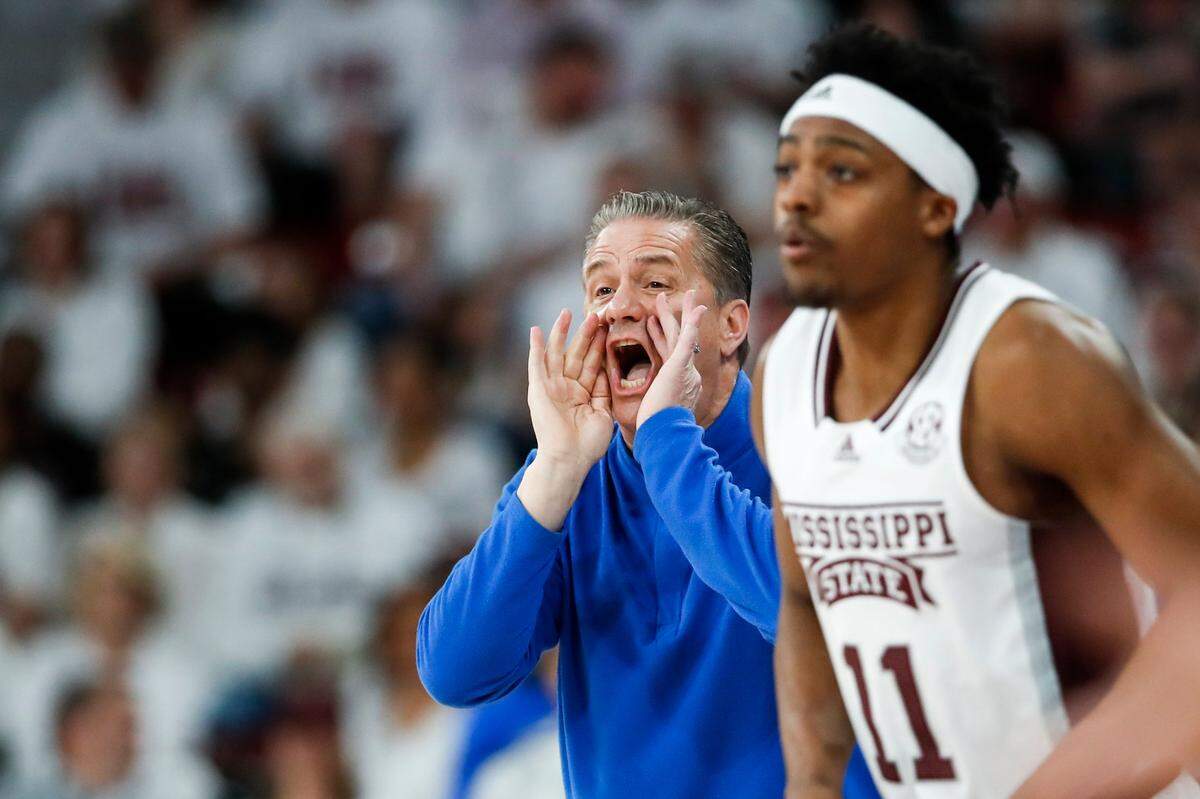 Kentucky head coach John Calipari calls to his players during Wednesday’s game against Mississippi State at Humphrey Coliseum in Starkville, Miss.