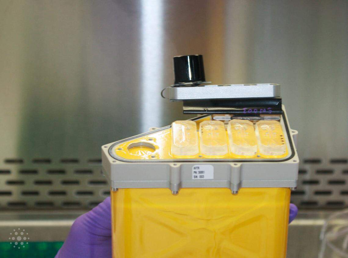 The AVATAR science bay can be seen here with four organ chips, each of which will be loaded with live biological samples from the Artemis II crew members and then securely integrated into the AVATAR payload structure for flight.