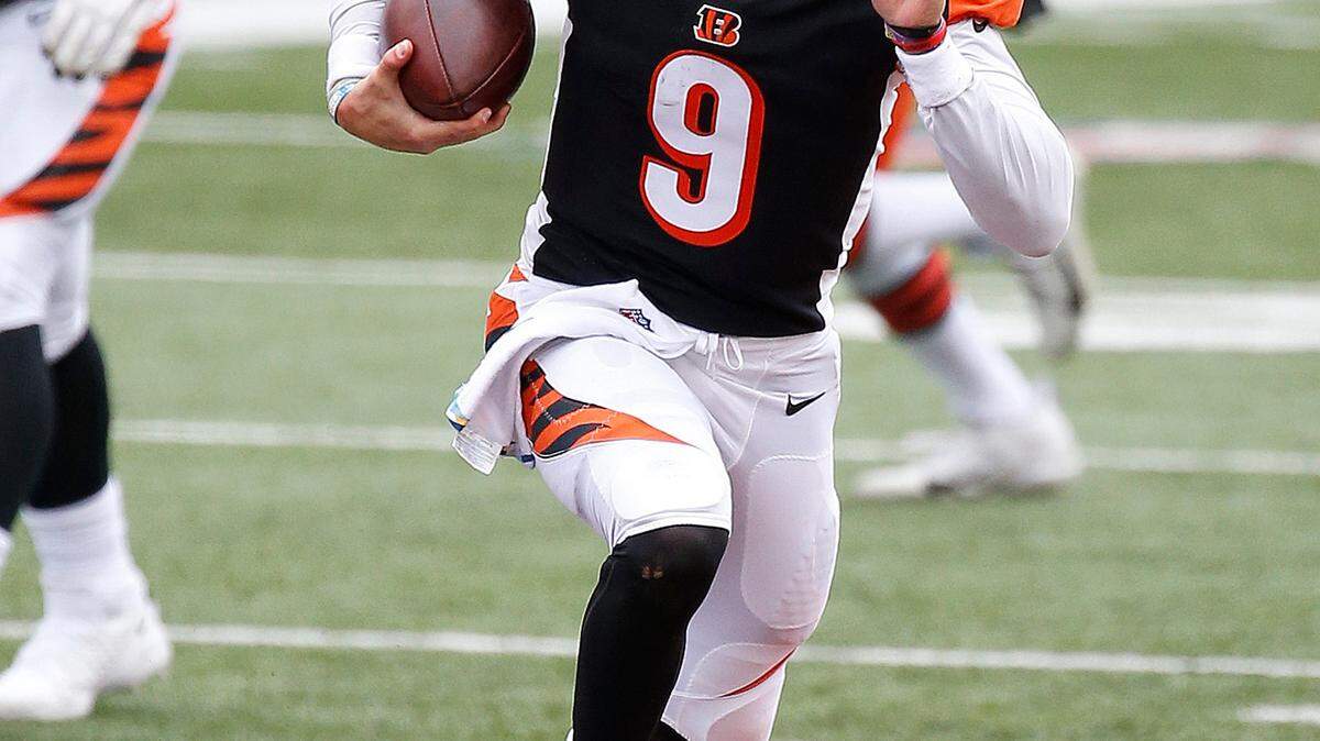 Cincinnati Bengals quarterback Joe Burrow #9 during an NFL football game between the Cleveland Browns and the Cincinnati Bengals, Sunday Oct. 25, 2020 in Cincinnati. (Photo by Michael Zito/AP Images for Panini)