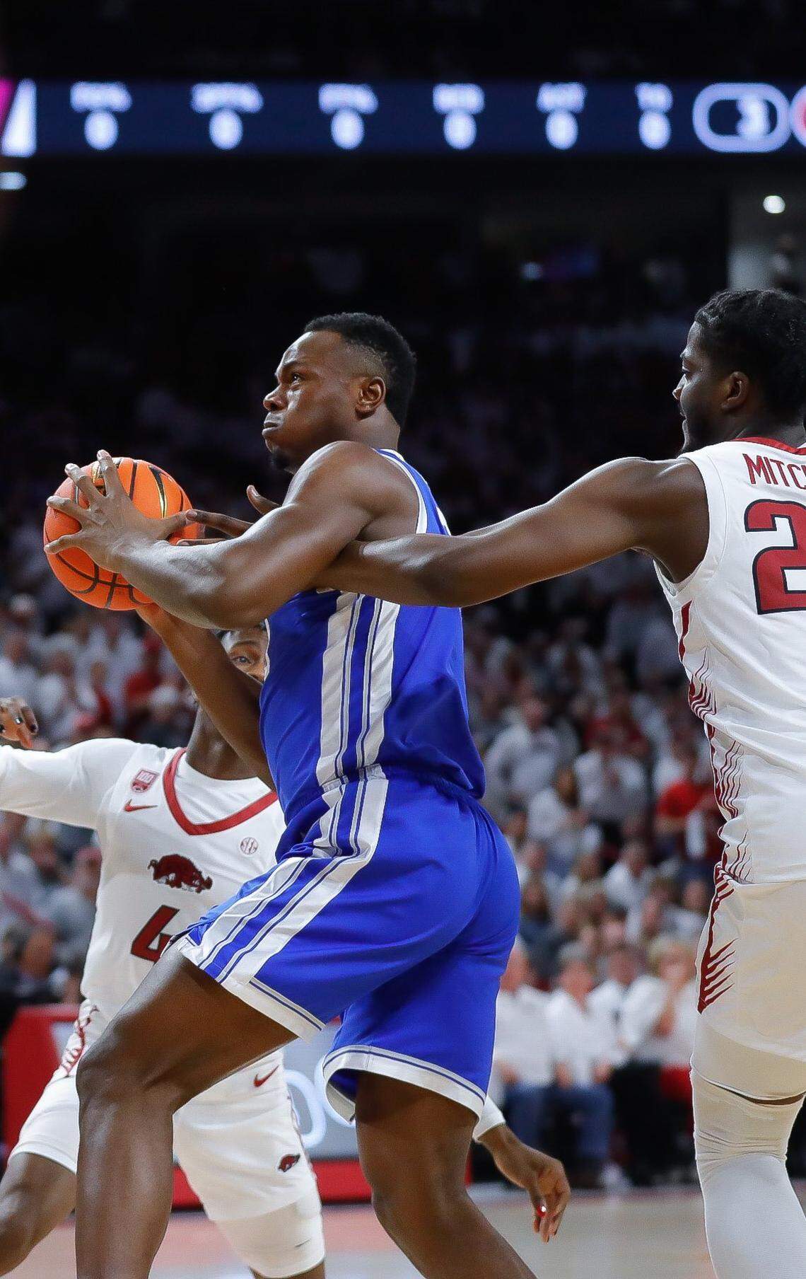 Kentucky’s Oscar Tshiebwe competes against Arkansas on Saturday, March 4, 2023, in Fayetteville, Ark.
