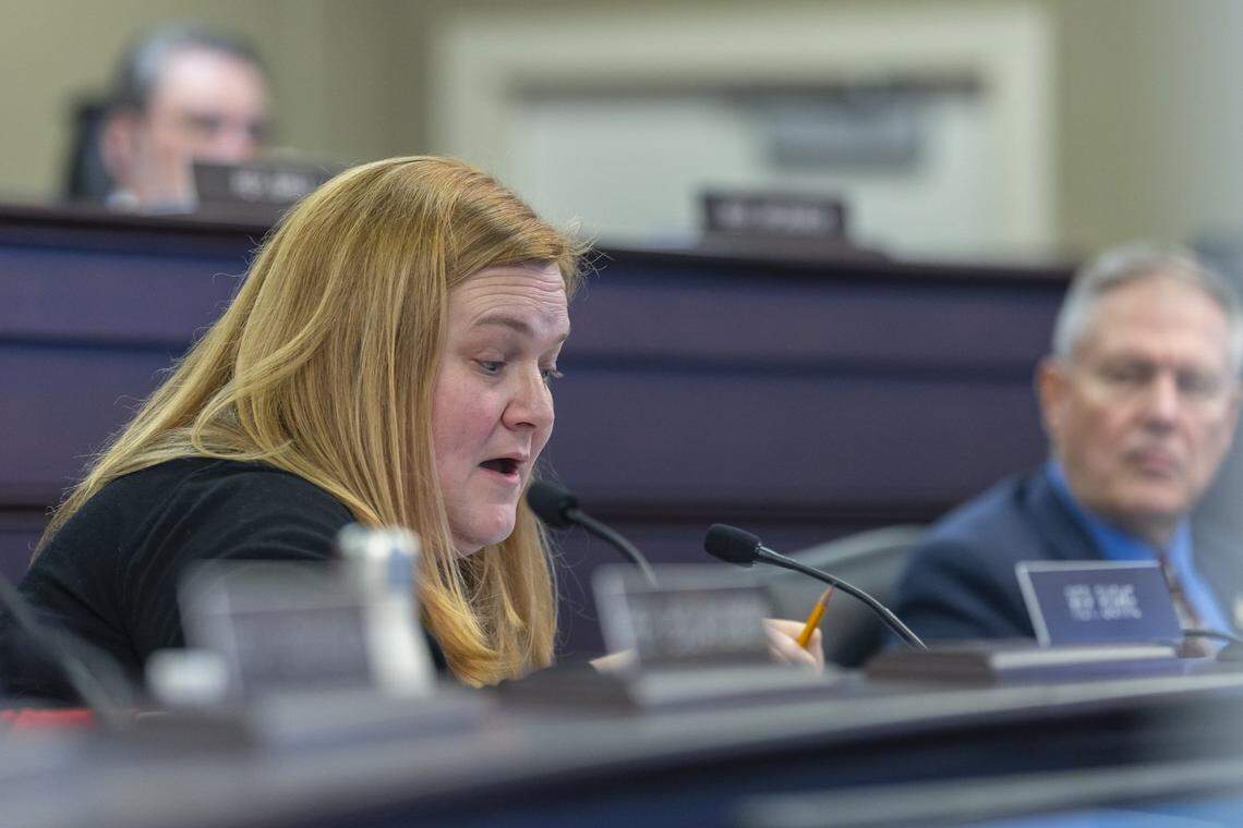 Kentucky state Rep. Lindsey Burke, D-Lexington, speaks during a state House Committee Appropriations & Revenue hearing in Frankfort, Ky., on Wednesday, Feb. 25, 2026.