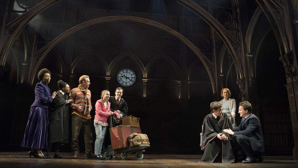 A train station scene from "Harry Potter and the Cursed Child" at the Lyric Theater in New York, April 12, 2018. J.K. Rowling's ever-popular boy wizard is all grown up in this enthralling two part-play, directed with seamless magic by John Tiffany. From left: Noma Dumezweni, Susan Heyward, Paul Thornley, Brooklyn Shuck, Benjamin Wheelwright, Sam Clemmett, Poppy Miller and Jamie Parker.