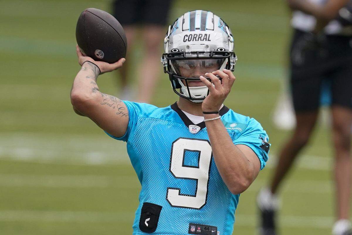 The Carolina Panthers’ Matt Corral takes part in drills at the team’s rookie minicamp on May 13.