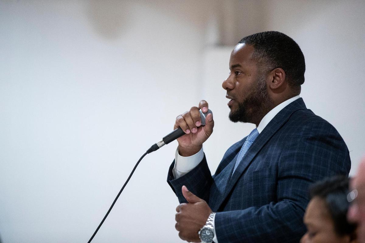 Lexington mayoral candidate Adrian Wallace answers questions during a forum for mayoral and county attorney candidates at the Lyric Theatre in Lexington, Ky., Tuesday, April 26, 2022.