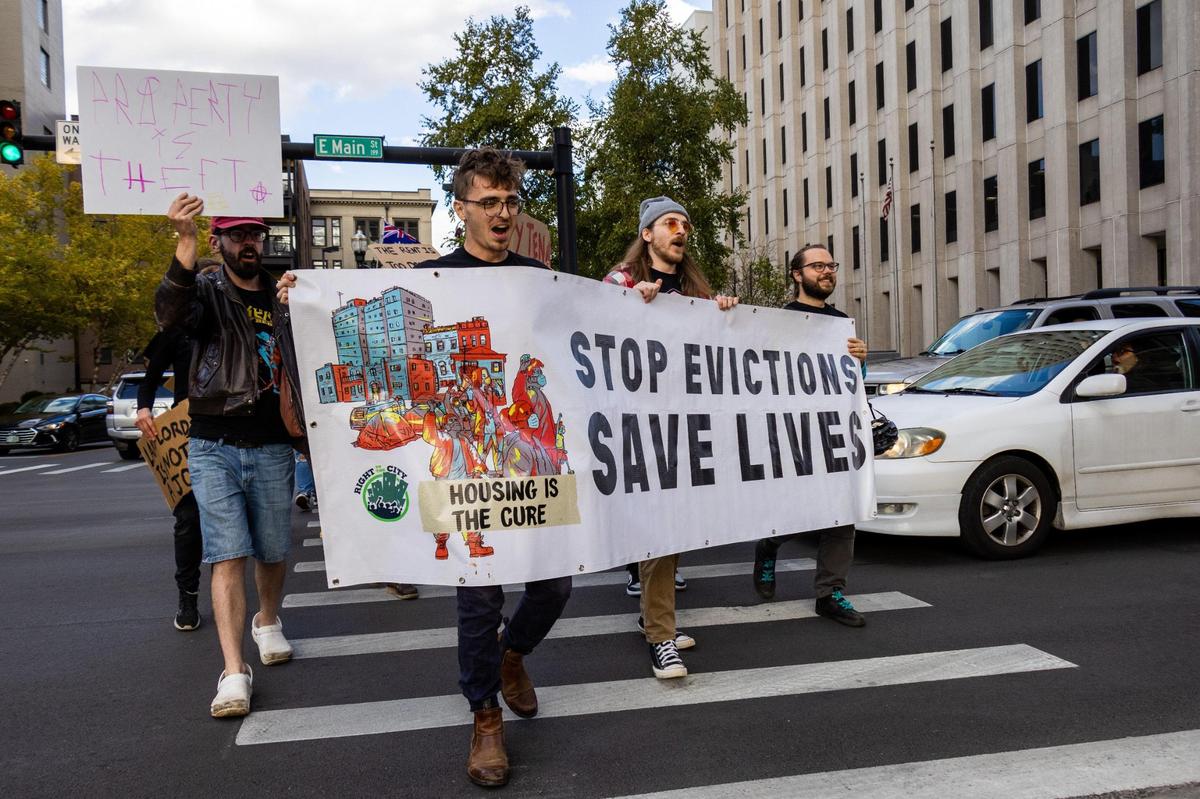 KY Tenants organization marched from Robert Stephenson courthouse square to the Lexington-Fayette Urban County Government on East Main Street, Oct. 13, 2022, to put pressure on LFUCG to ban income discrimination for rental properties, enact a rental registry and guarantee lawyers for those in eviction court.