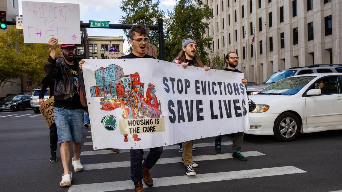 KY Tenants organization marched from Robert Stephenson courthouse square to the Lexington-Fayette Urban County Government on East Main Street, Oct. 13, 2022, to put pressure on LFUCG to ban income discrimination for rental properties, enact a rental registry and guarantee lawyers for those in eviction court.