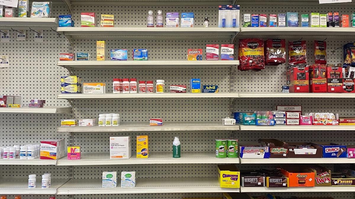 Shelves at Richard Slone’s RX Discount Pharmacy in Hazard. Since the COVID-19 pandemic, fewer people come inside to get prescriptions filled, so Slone stocks less up front.