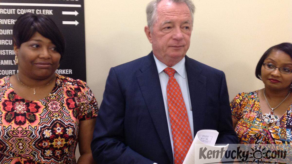 Louisville attorney Thomas Clay filed a sexual harassment lawsuit Tuesday for legislative staffers Cassaundra Cooper, left, and Yolanda Costner against former state Rep. John Arnold. Photo by Jack Brammer | Staff