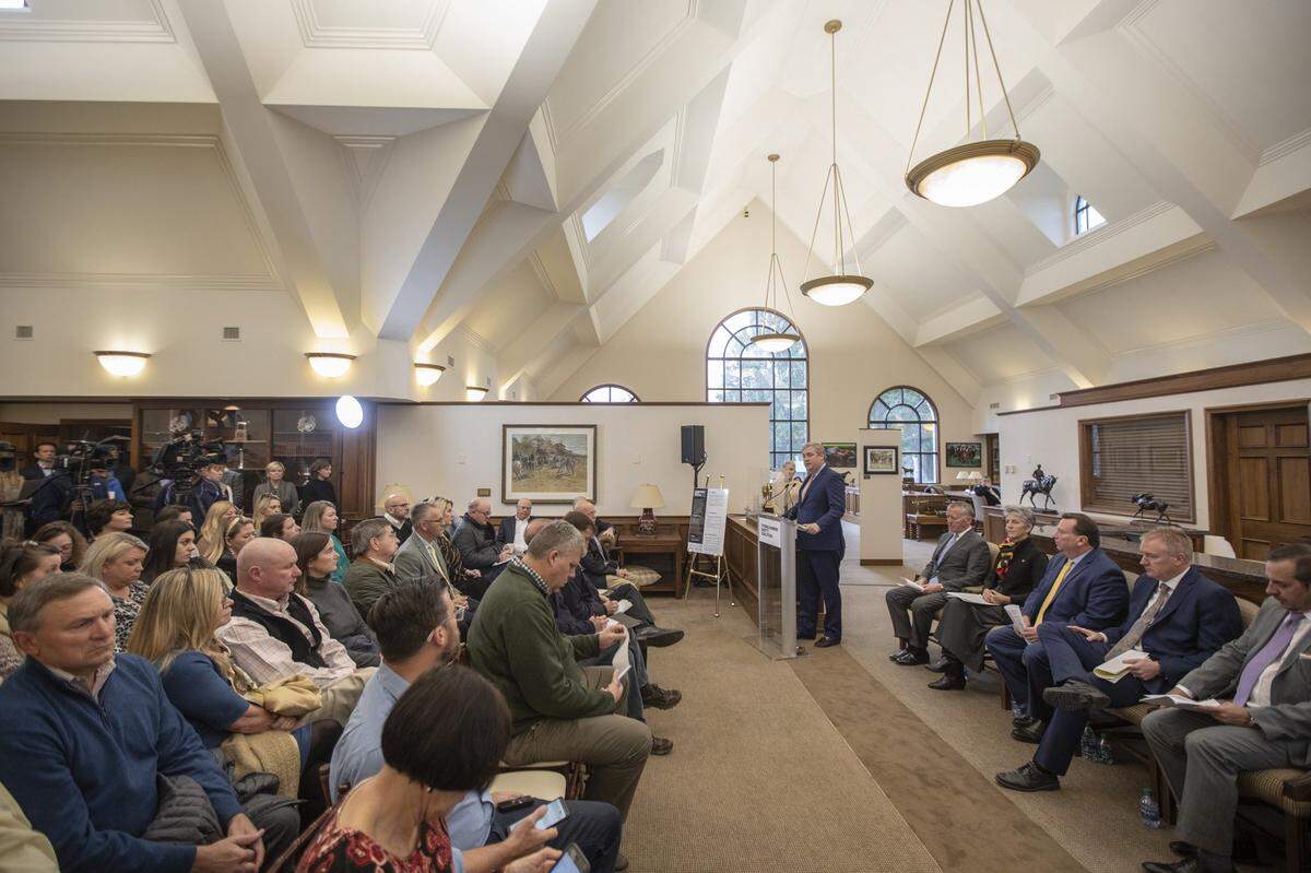 Breeders’ Cup President and CEO Drew Fleming, at podium, spoke during Tuesday’s press conference in the Keeneland library.