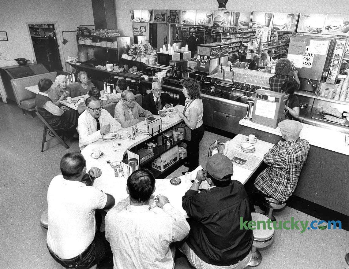 The breakfast crowd at Wheeler Pharmacy, 336 Romany Road in Lexington, Oct. 8, 1985. Photo by Frank Anderson | staff