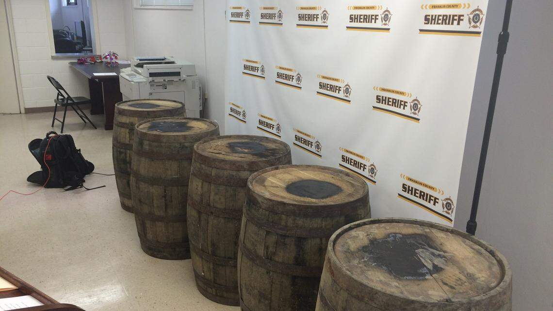 Five barrels of Wild Turkey bourbon were found behind a shed in Franklin County.