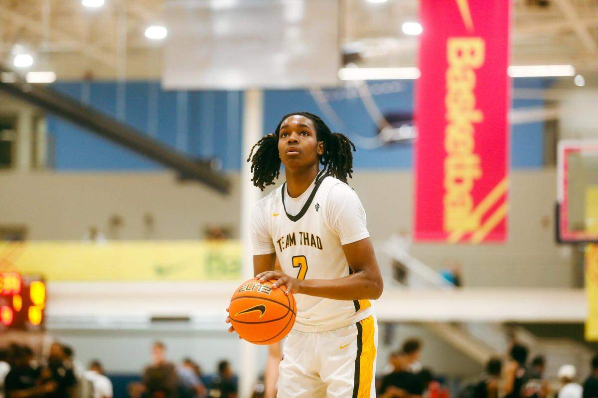 Team Thad's Jasper Johnson (2) prepares to shoot a free throw during a game against Team Bradley Beal Elite during the Nike Elite Youth Basketball League session one on Friday, April 26, 2024 at the Memphis Sports & Event Center in Memphis, Tenn.