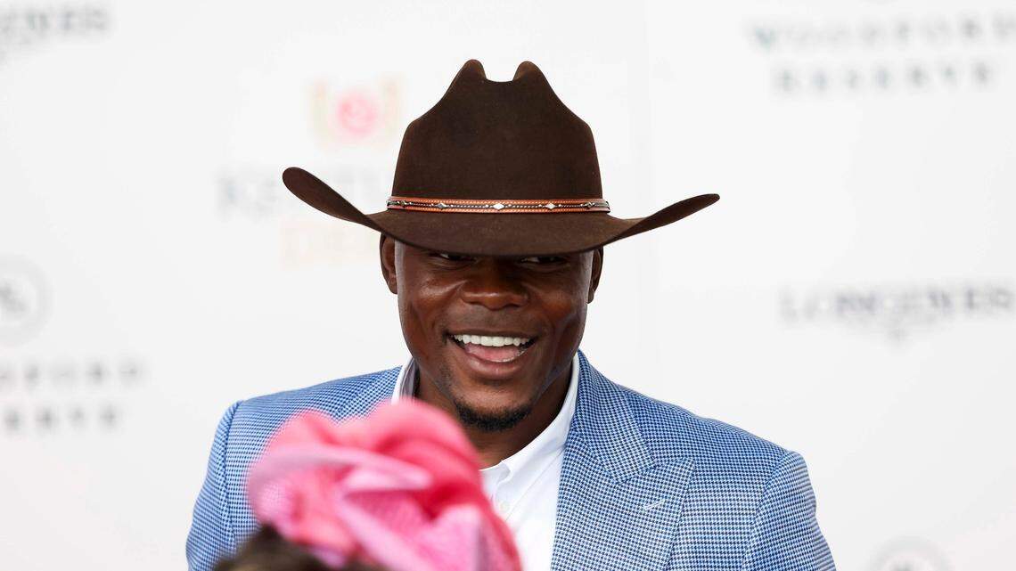 Former Kentucky Wildcats forward Oscar Tshiebwe speaks to media at the Kentucky Derby Red Carpet on Saturday, May 3, 2025, at Churchill Downs in Louisville, Kentucky.