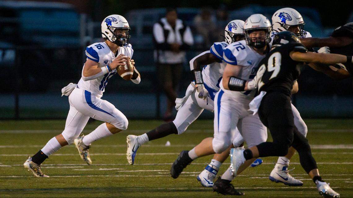 Lexington Christian’s Mason Moore (16) runs with the ball while looking to pass during the Eagles’ win at Boyle County last month. Moore, normally a wide receiver, led LCA to victory that night playing quarterback in place of the injured Drew Nieves.