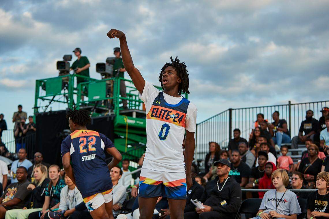 Class of 2024 basketball recruit Ian Jackson holds his follow-through after attempting a three-pointer during the Under Armour Next Elite 24 event in August in Chicago.
