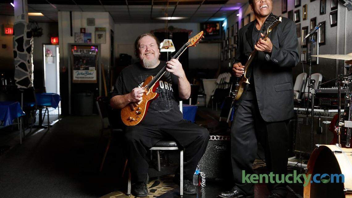 Guitarists Ben Lacy, left and Tee Dee Young at Tee Dee's Blues Club on Second Street in Lexington, Ky., on Oct. 21, 2015. Lacy and Young will perform Monday, Oct. 26, show on the Courthouse plaza as part of the Breeder's Cup Festival. Photo by Pablo Alcala | Staff
