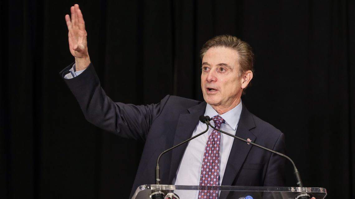 New St. John’s head coach Rick Pitino speaks during his introductory press conference at Madison Square Garden.