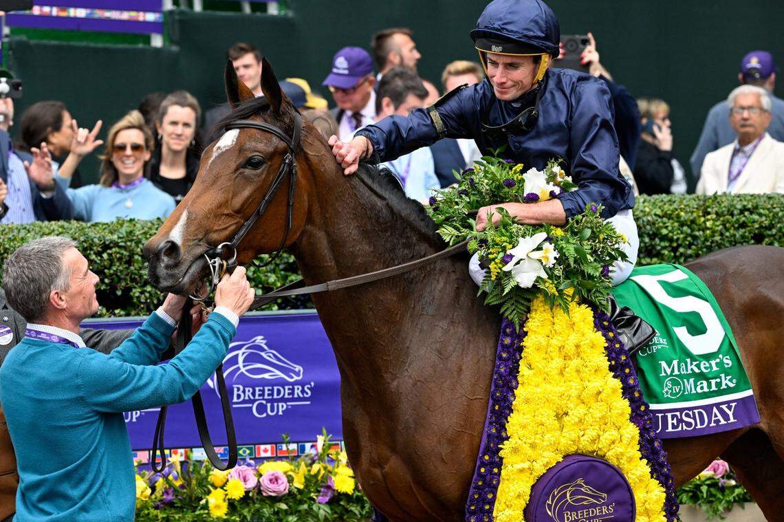 Jockey Ryan Moore celebrated in the winner’s circle with Tuesday after Saturday’s Filly and Mare Turf.
