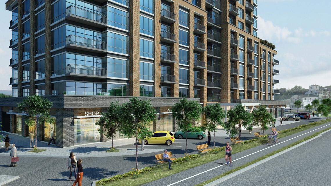 The view from Newtown Pike of Thistle Station. The residential part of the development will be comprised of 24 studio apartments (409-812 sq. ft.), 142 one-bedroom apartments (550-1,060 sq. ft.) and 36 two-bedroom apartments (1,021-1,534 sq. ft.). Rendering provided