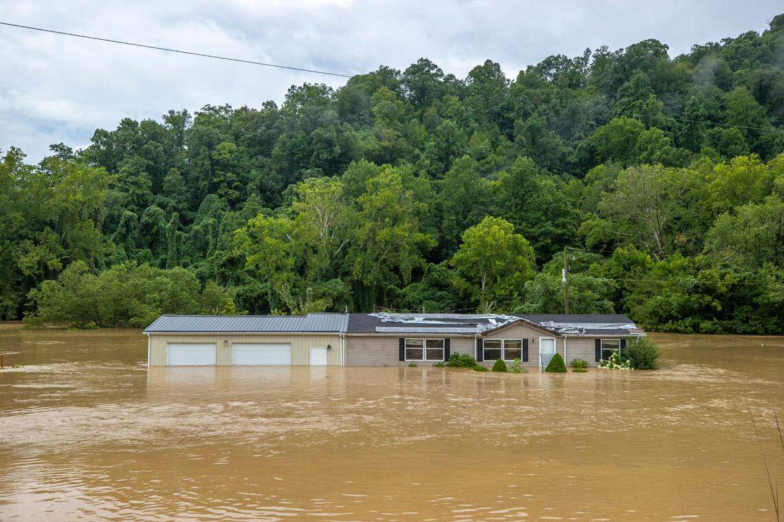 Flooding along the North Fork of the Kentucky River in Breathitt County, Ky., on Thursday, July 28, 2022.