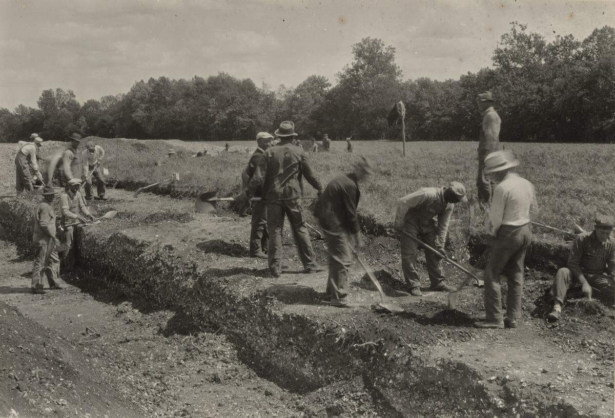 In this photo from 1938, crews with the Works Project Administration work at the Morgan Stone Mound Site in Bath County, Kentucky.