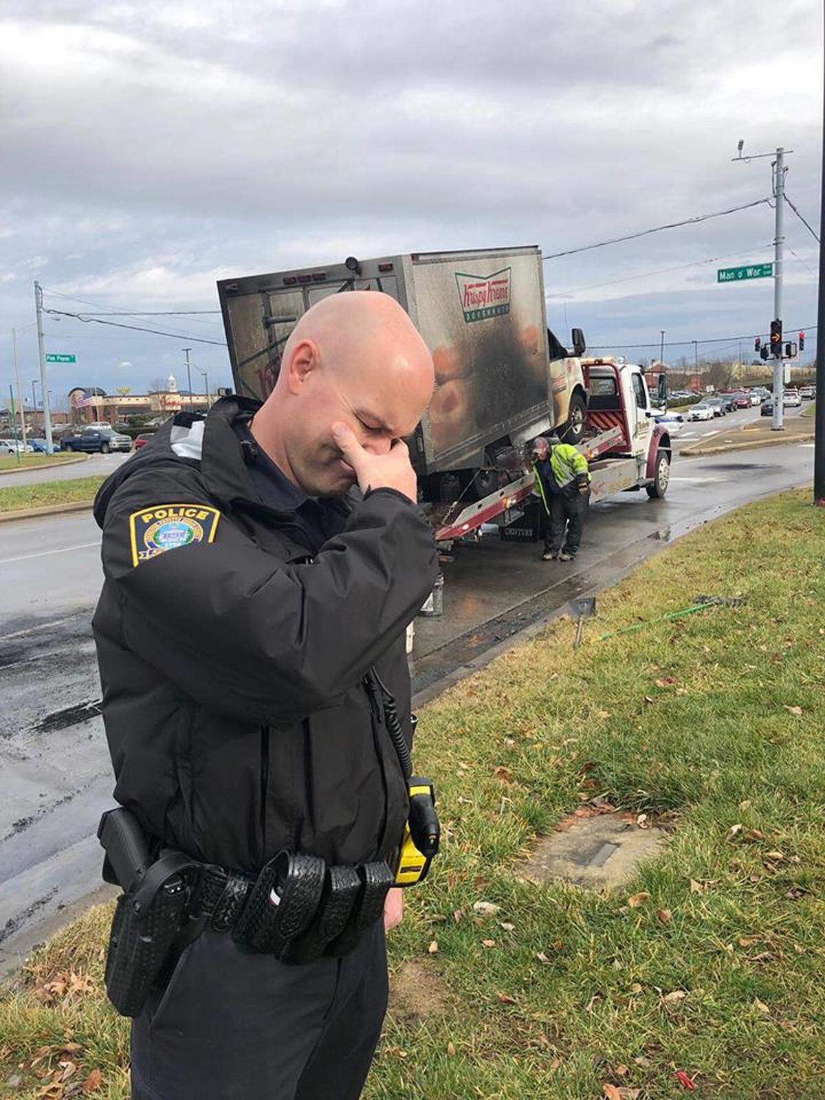 Lexington police officers wept after a Krispy Kreme truck caught fire in Lexington earlier this week.