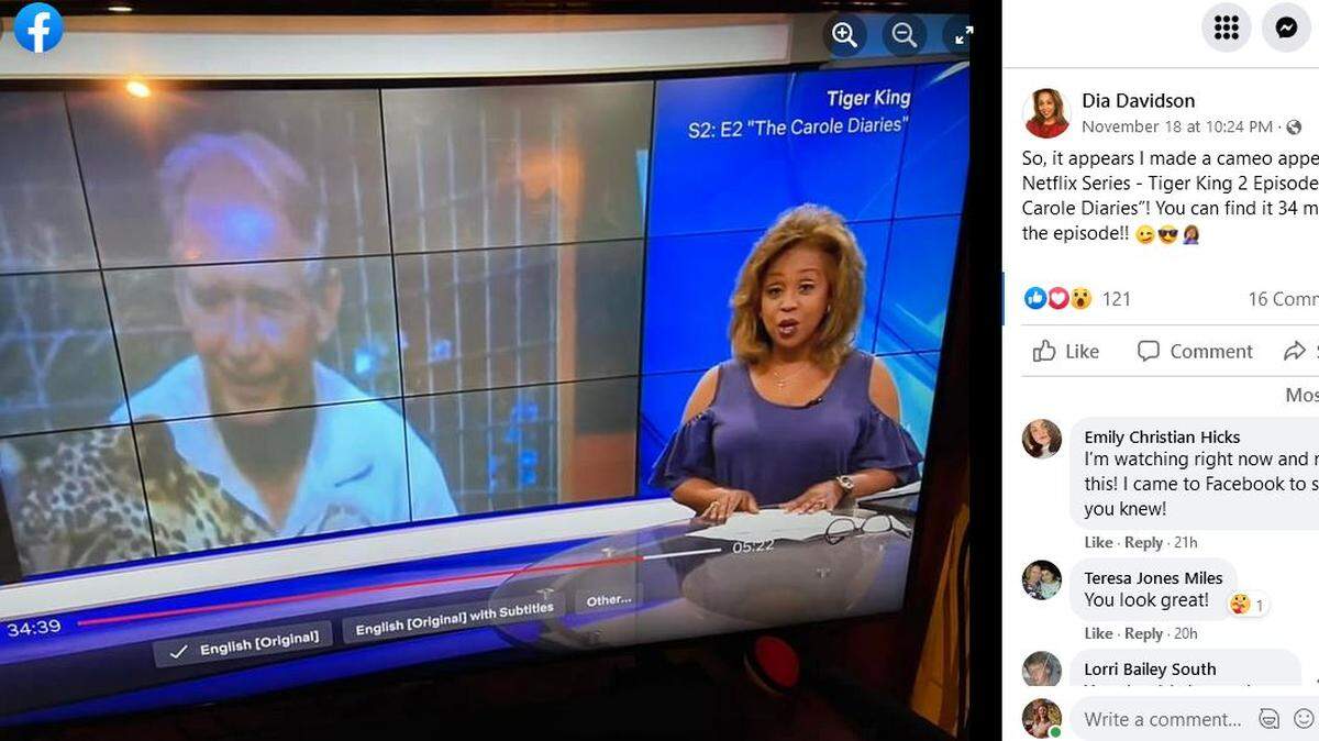 Lexington television anchor Dia Davidson shared a screenshot of a clip from an episode of Tiger King 2 that shows her presenting a news story related to billboards erected around Tampa that asked “Who murdered Don Lewis?”