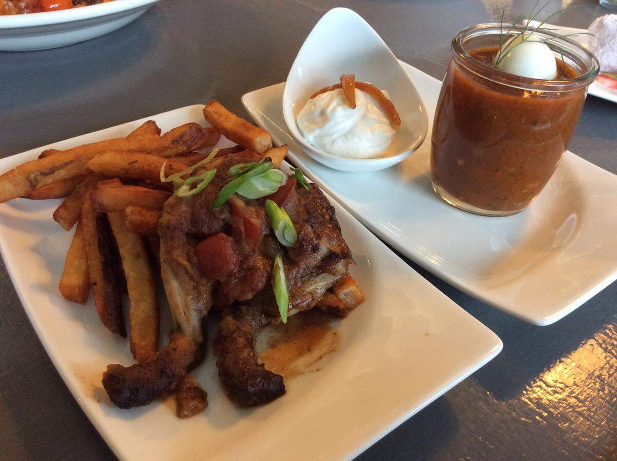 The turtle soup, with quail egg, lemon confit and sherry cream, will be on the menu at Roulay when it opens Feb. 17. The limited menu also will include frog legs piquant with cajun pomme frites.