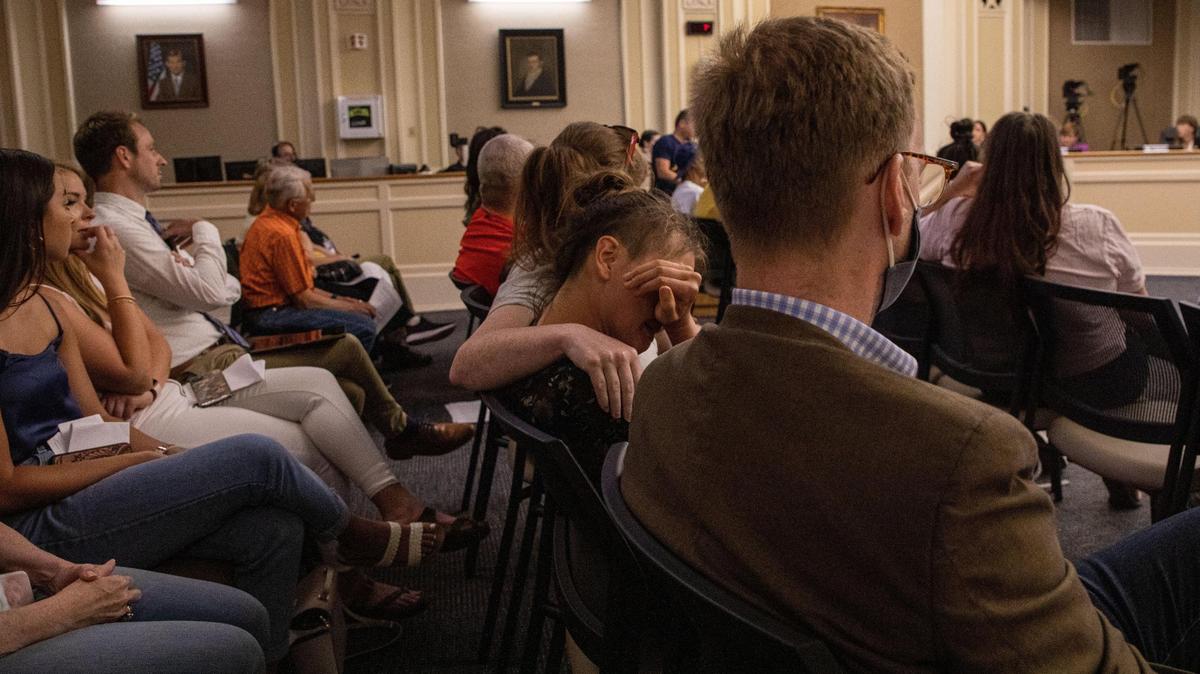Emma Anderson cried after speaking to the council in support of the ban of no-knock warrants at the Lexington Fayette Urban County Council meeting on June 24, 2021.