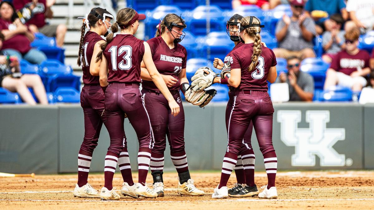 Henderson County’s Anna Kemp (27) talked with her infield between batters during the KHSAA State Softball Tournament semifinals game against Scott County at the University of Kentucky’s John Cropp Stadium on Friday.