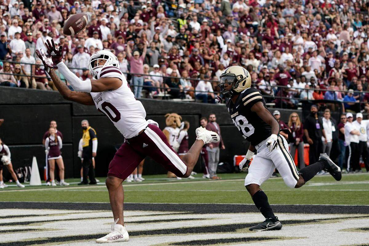 Mississippi State wide receiver Makai Polk (10) caught a 31-yard touchdown pass over Vanderbilt cornerback Allan George (28) in MSU’s 45-6 win last week in Nashville.