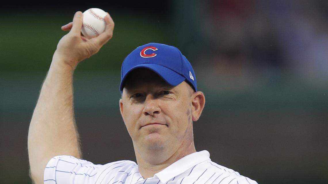 Purdue football coach Jeff Brohm threw out the first pitch before the St. Louis Cardinals-Chicago Cubs game on Saturday, July 21, 2018, in Chicago.