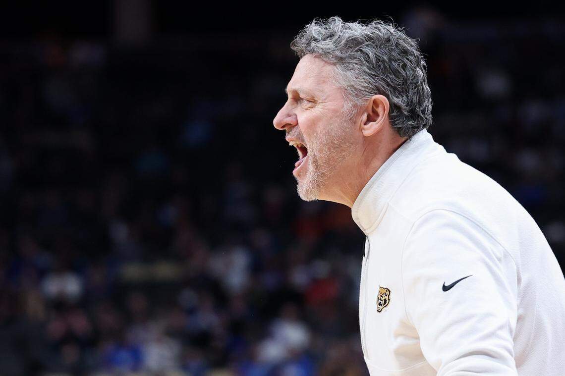 Oakland basketball coach Greg Kampe yells during an NCAA Tournament first round game against Kentucky at PPG Paints Arena in Pittsburgh, Pennsylvania, on Thursday, March 21, 2024.