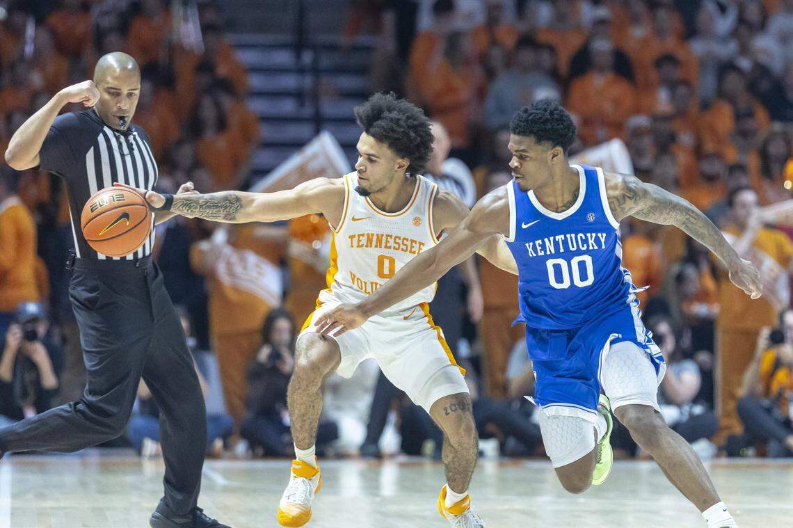 Tennessee guard Ja'kobi Gillespie (0) had 24 points and eight assists in UT’s 80-78 loss to Kentucky at Thompson-Boling Arena earlier this season.