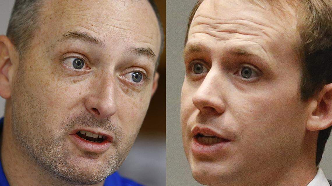 Rockcastle County High School math teacher R. Travis Brenda, left, of Garrard County and House Majority Floor Leader Jonathan Shell of Garrard County vied Tuesday in the Republican primary election in the 71st House District.