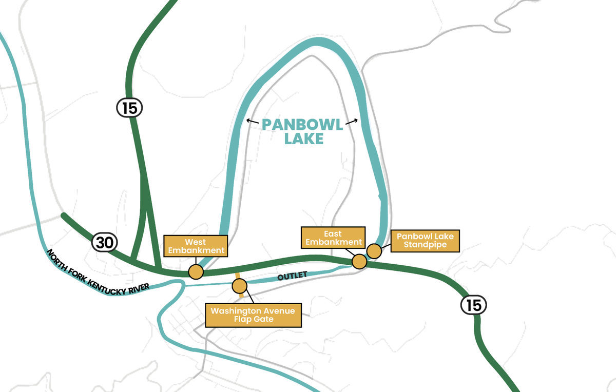 A map showing Panbowl Lake near Jackson and KY 15.