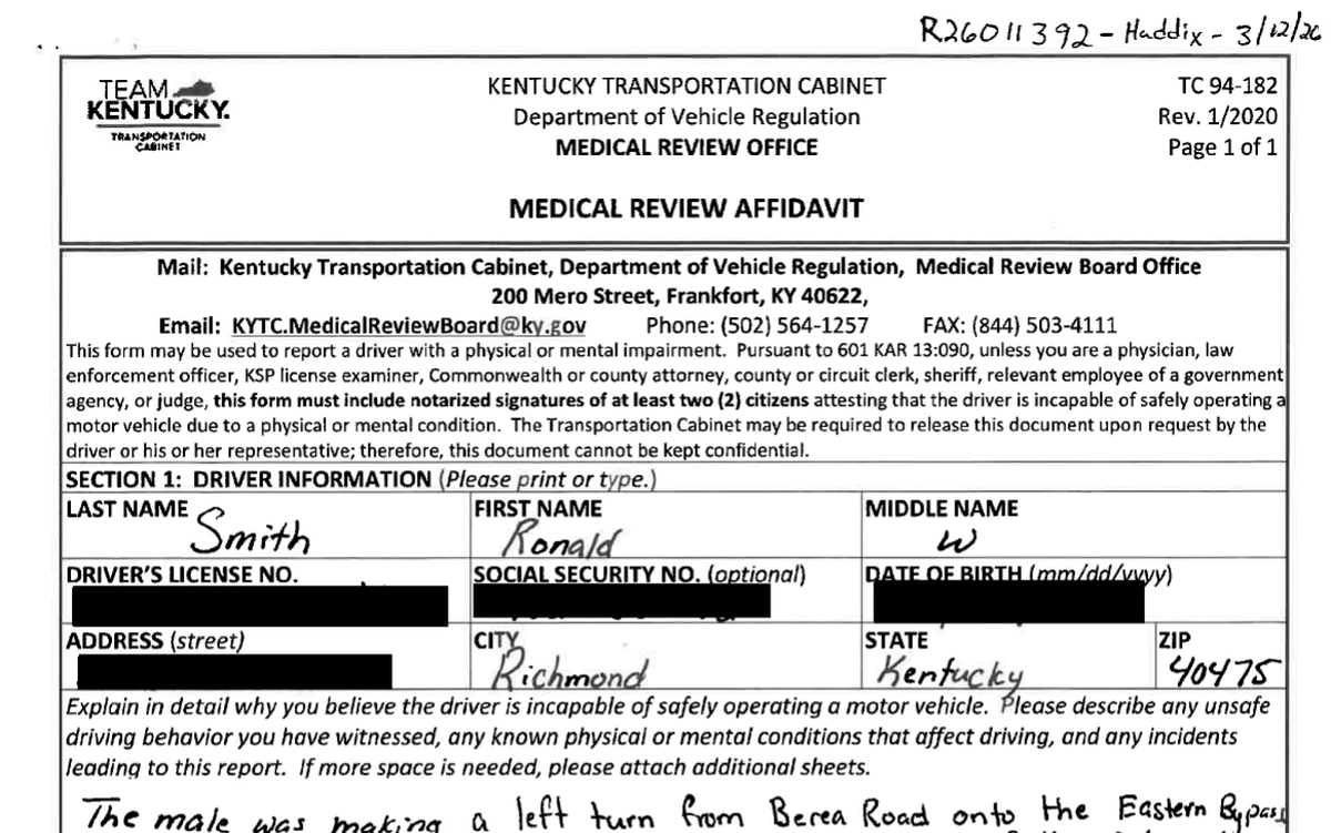 Richmond police Officer Rodney Haddix filed this affidavit with the Medical Review Office at the Kentucky Transportation Cabinet on March 11, 2026, alleging that Ron Smith drove unsafely through an intersection.