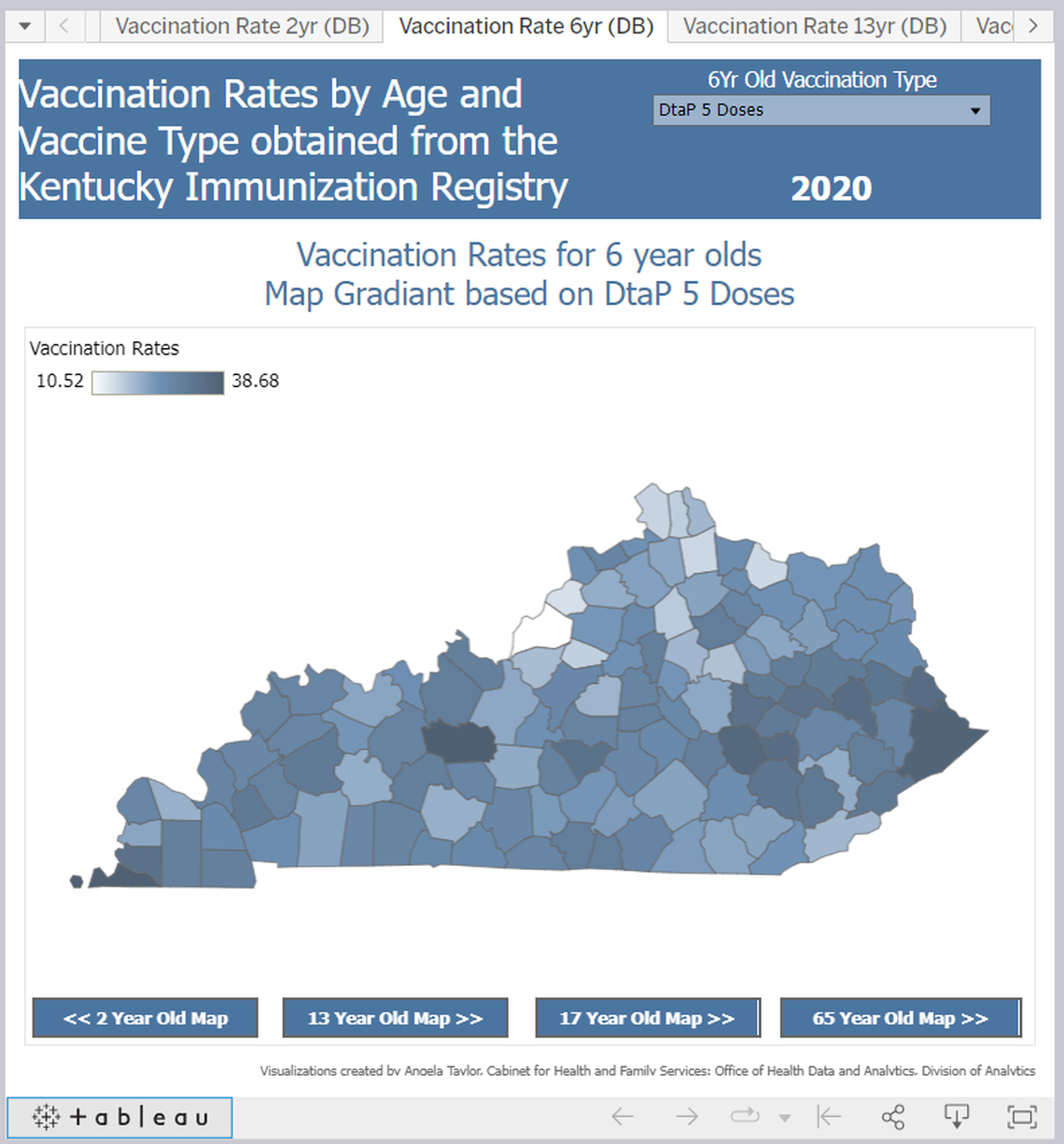 A screen capture shows county-by-county vaccination rates for DTaP immunizations against diptheria, tetanus and pertussis (whooping cough). The map above shows this rate for 6-year-olds, who should have all five doses of the DTaP vaccine by that age, according to guidelines from public health experts. 