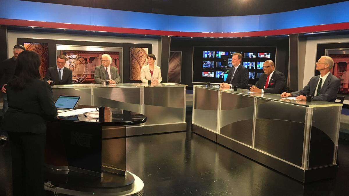 Candidates prepare for KET's Sixth District Congressional Forum for the Democratic Party on Monday, May 15 2018. From Left: Jim Gray, Theodore Green, Amy McGrath, Daniel Kemph, Reggie Thomas and Geoff Young.